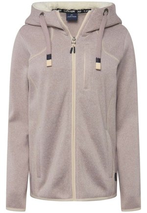 Light brown zip-up hoodie made of textured fabric, featuring a fleece-lined hood, contrasting beige trims, and drawstring accents.