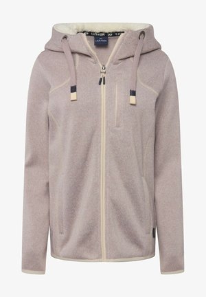 Hellbrauner Zip-Hoodie aus strukturiertem Stoff, mit einem fleecegefütterten Kapuzen und kontrastierenden beigen Akzenten sowie Kordelzügen.
