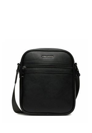 Black leather crossbody bag with front zip pocket, adjustable strap, and Gino Rossi logo on top center.