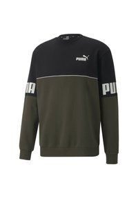 Sudadera verde y negra con cuello redondo, mangas largas, detalles en blanco y un destacado logo de Puma en el pecho y las mangas.