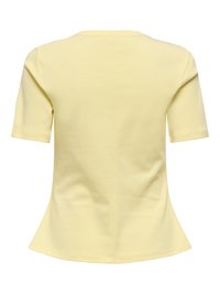 T-shirt ajusté à manches courtes jaune clair montré de dos avec un léger évasement à l'ourlet.