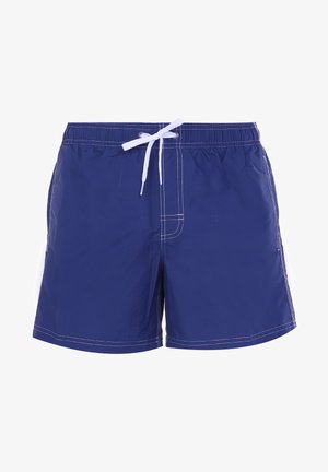 Shorts de bain bleus en tissu léger, dotés d'un cordon de serrage blanc, de poches latérales et de détails de surpiqûre contrastés en blanc.
