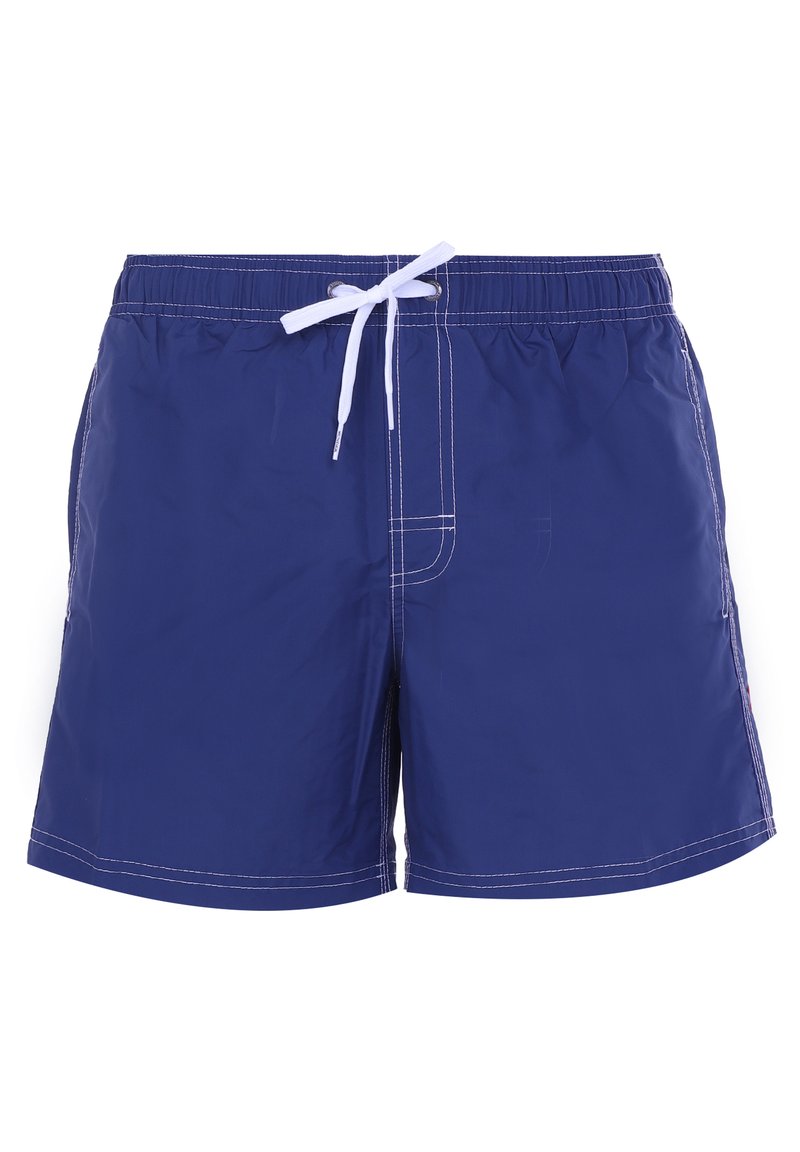 Pantaloni da bagno blu realizzati in tessuto leggero, con un cordoncino bianco, tasche laterali e dettagli di cucitura bianca a contrasto.