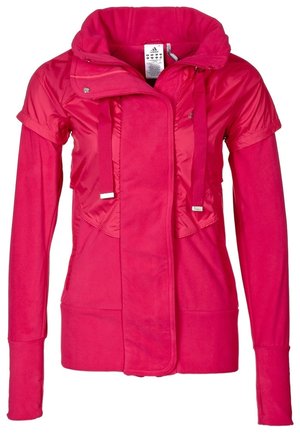 Damska jasnoróżowa kurtka z długim rękawem z krótkim nakładanym rękawem, wysokim kołnierzem, zamkiem z przodu oraz detalami ze sznurkiem.