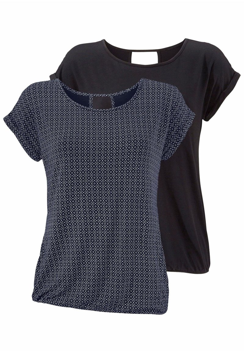 LASCANA 2 pack - T-shirt print - marine-gemustert+schwarz-uni