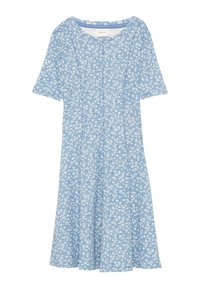 Hellblaues Blumenkleid mit kurzen Ärmeln, rundem Ausschnitt und schwingender Silhouette. Der Stoff zeigt ein kleines weißes Blumenmuster.
