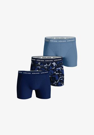 Three pairs of men's boxer shorts in blue, dark navy, and a patterned navy design. All feature the "BJÖRN BORG" logo on the waistbands.