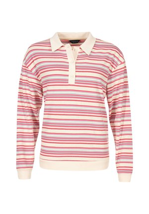 Gestreiftes Langarm-Polo in Creme, Rosa und Hellblau. Mit Knopfleiste und gerippten Bündchen. Weiches, strukturiertes Material.