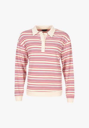 Polo a maniche lunghe a righe in crema, rosa e azzurro chiaro. Presenta un'abbottonatura e polsini a coste. Tessuto morbido e texture.