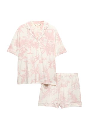 Chemise à manches courtes boutonnée et short à taille élastique en blanc avec imprimé de plantes tropicales rose clair.
