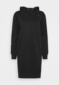 Černá mikinová šaty z měkké látky, s kapucí na šňůrce, žebrovanými manžetami a logem na hrudi a rukávu.
