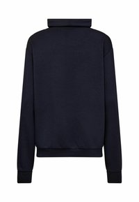 Navyblauer Pullover-Sweatshirt mit hohem Kragen, langen Ärmeln, gerippten Bündchen und Saum. Glatte Textur, einfaches Design, keine sichtbaren Muster.