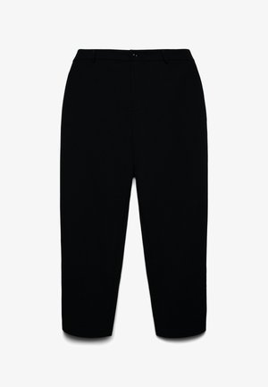 Pantaloni neri a vita media, su misura, con passanti per cintura, chiusura con bottone e gambe dritto corte.
