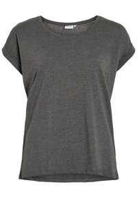 Ciemnoszary t-shirt z krótkim rękawem i okrągłym dekoltem, wykonany z miękkiego, lekkiego materiału. Charakteryzuje się podwiniętymi rękawami i luźnym krojem.