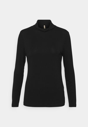 Juodas ilgomis rankovėmis polo megztinis, pagamintas iš minkštos medžiagos, su laisvu siluetu ir krentančiu kaklu, pasižymintis švelnia tekstūra.