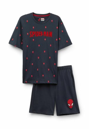 Marineblaues Baumwoll-Pyjama-Set mit kurzärmeligem Shirt, das mit dem roten Spider-Man-Logo und Mustern versehen ist, kombiniert mit Shorts, die das Spider-Man-Emblem zeigen.