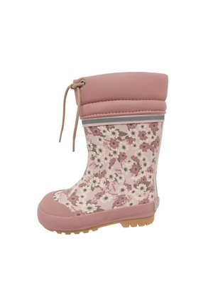 Roze rubberen kinderregenlaars met trekkoord aan de bovenzijde en een patroon van witte en roze bloemen met groene bladeren, zijaanzicht op witte achtergrond.