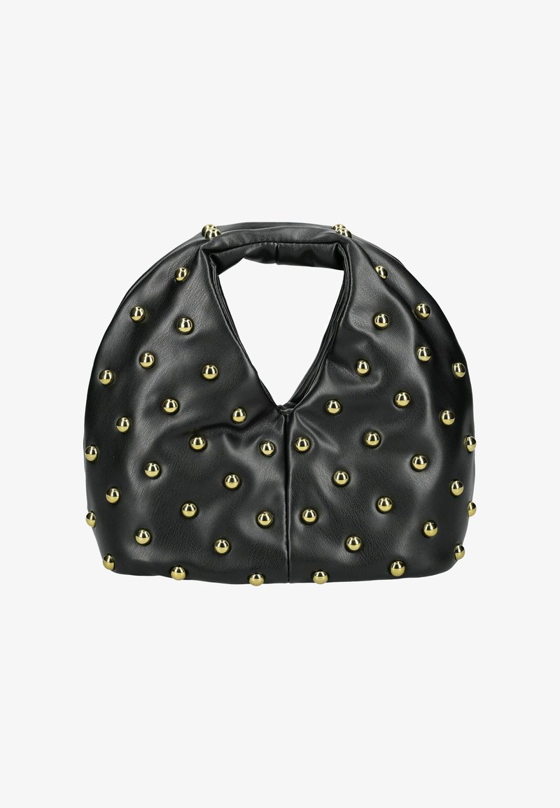 Schwarze Lederhandtasche mit abgerundeter Form, verziert mit goldenen Metallnieten, die gleichmäßig über die Oberfläche verteilt sind, und einem integrierten Griff oben.