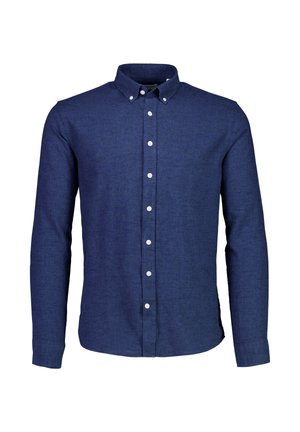 Chemise bleu foncé à boutons, en tissu texturé. Présente un col ouvert et des boutons blancs sur le devant. Manches longues.