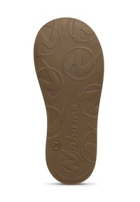 Suela de goma marrón con patrones de logotipos circulares y la palabra "Naturino". Presenta una superficie suave y texturizada, y una forma de punta redondeada.