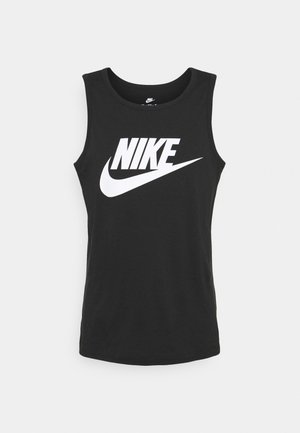 Top senza maniche nero in cotone, con un grande logo bianco Nike sul petto e un collo rotondo.