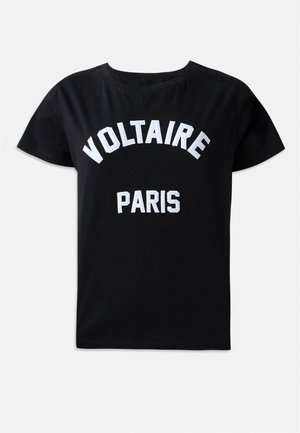 Schwarzes Baumwoll-T-Shirt mit weißem gesticktem Text, der "VOLTAIRE PARIS" in fetter Schriftart zeigt, Rundhalsausschnitt und kurze Ärmel.