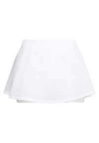 Witte, uitlopende rok met een elastische tailleband. Gemaakt van lichte stof, met een gladde textuur en een knielange snit. Geen patronen zichtbaar.