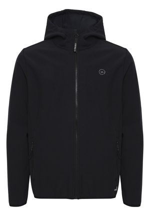 Black softshell jacket with a hood, front zipper closure, two side pockets, and a small logo on the chest. Smooth texture, minimalist design.