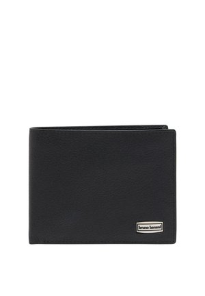 Sort læder bifold pung med tekstureret overflade og lille metal logo plade med teksten "bruno banani" i nederste højre hjørne.