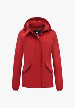 Rode waterdichte jas met capuchon, ritssluiting aan de voorkant, drukknopen en twee zijzakken. Gladde textuur en lichtgewicht ontwerp.