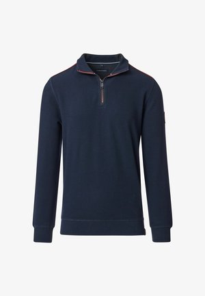 Marineblauer Pullover mit halbseitigem Reißverschlusskragen, gerippter Textur und kontrastierenden roten Nähten entlang des Reißverschlusses. Mit langen Ärmeln und einem Logo-Patch.