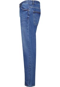 Jeans de mezclilla azul con un diseño de pierna recta, que presentan un clásico diseño de cinco bolsillos y un ligero desvanecimiento en la tela.