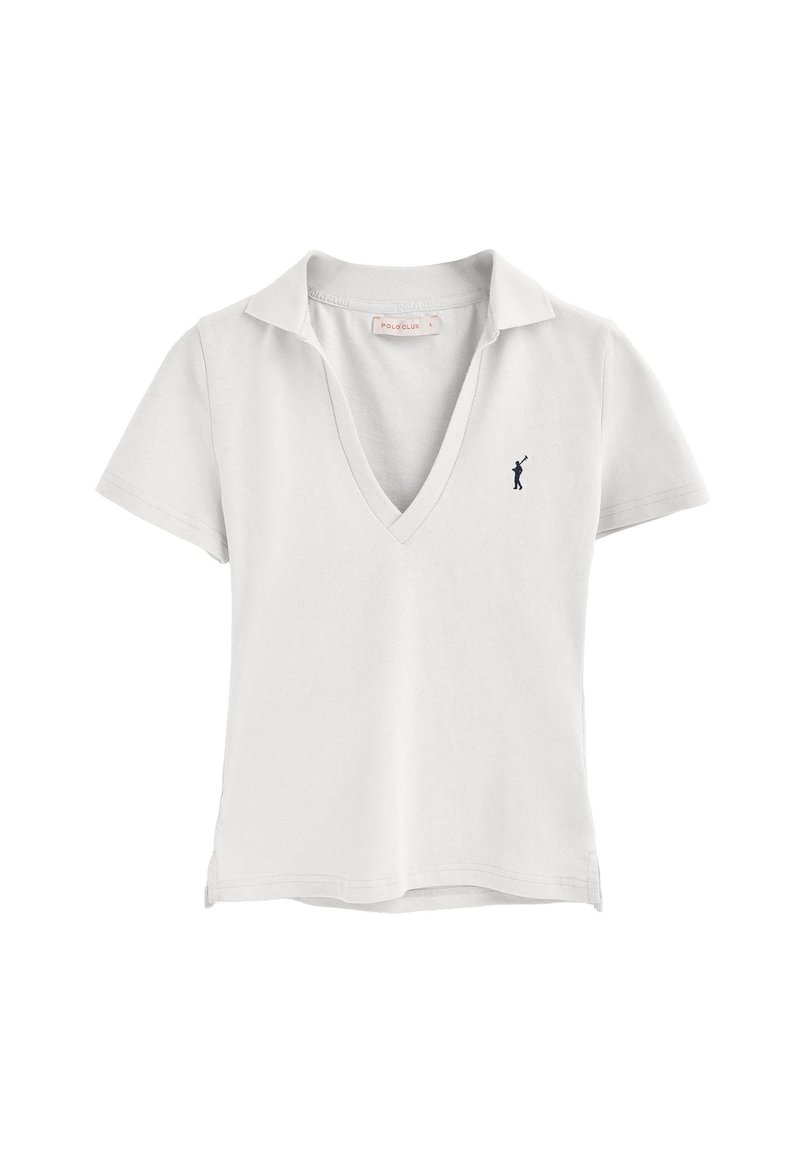 Weißes Poloshirt mit kurzen Ärmeln und V-Ausschnitt sowie einem kleinen marineblauen Logo auf der linken Brust. Aus weichem Baumwollmaterial, lässiges und einfaches Design.