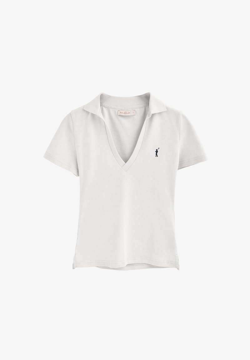 Weißes Poloshirt mit kurzen Ärmeln und V-Ausschnitt sowie einem kleinen marineblauen Logo auf der linken Brust. Aus weichem Baumwollmaterial, lässiges und einfaches Design.