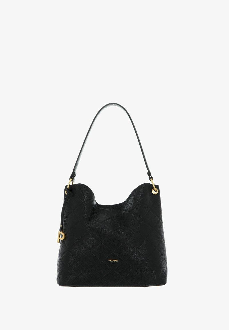 Zwarte leren emmer tas met diamantenpatroon, gouden accenten en een enkele schouderriem. Heeft een ronde bovenkant en een trekkoordsluiting.