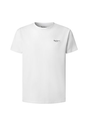 Valkoinen, pyöreäkauluksinen lyhythihainen t-paita, jossa pieni "Pepe Jeans London" -logo vasemmassa rinnassa.