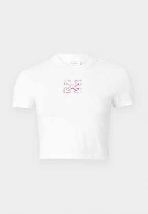 Camiseta corta blanca de algodón, con un logo gráfico multicolor en el centro, de mangas cortas y cuello redondo.