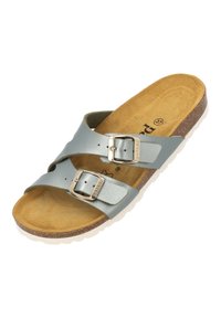 Sandale glissante en cuir gris avec deux boucles réglables, semelle intérieure en liège et semelle texturée beige. Design minimaliste avec style à brides croisées.