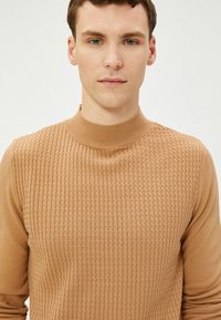 Lichtbruine gebreide pullover met een gestructureerd patroon, hoge kraag en aansluitende mouwen. Het materiaal lijkt zacht en rekbaar, met een uniforme kleur.