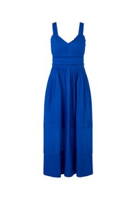 Blaues ärmelloses Kleid mit einem taillierten Oberteil, plissierter Textur und vollem Rock. Verfügt über einen gerafften Taillenbund und einen gestuften Saum.