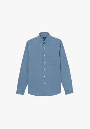 Hele helesinine nuppu särk, mis on valmistatud denimpangast, laia krae, pikkade varrukate ja vasakul pool rinna taskuga.