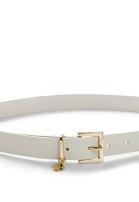 White leather belt with a gold metallic buckle and charm, featuring a smooth texture and multiple adjustment holes.