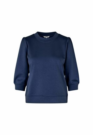 Navy blue sweatshirt with a rounded neckline, three-quarter sleeves, and subtle gathered detailing on the shoulders. Soft textured fabric.