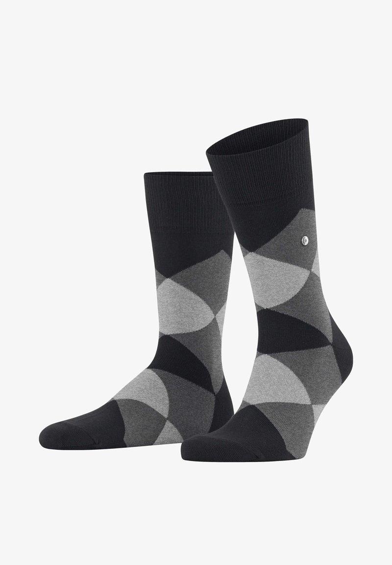 Chaussettes noires et grises à motifs avec un design géométrique, fabriquées en tissu doux et extensible, et dotées de bords côtelés pour un ajustement confortable.
