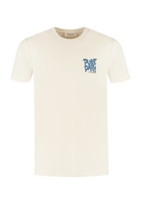 Cremfarbener Baumwoll-T-Shirt mit einem blauen Grafikdruck auf der linken Brustseite. Klassischer Rundhalsausschnitt und kurze Ärmel, glatte Textur.