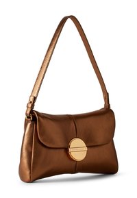 Bronze leather shoulder bag with a single strap and a round gold clasp engraved with "Borbonese" on the front flap.