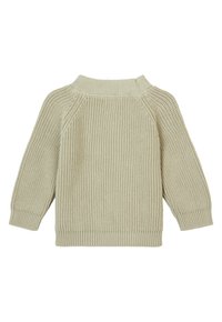 Beżowy sweter dziany o prążkowanej fakturze, szerokim dekolcie i długich rękawach raglanowych. Posiada dopasowane mankiety oraz luźny krój.