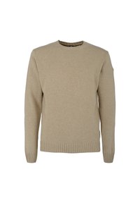 Maglione beige, collo rotondo, maniche lunghe, orlo e polsini a coste, tessuto a maglia strutturato. Design semplice e classico con dettagli minimi.