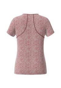 Korte mouwen sportshirt in gemêleerd rood en grijs. Gladde, rekbare stof met contrasterende stiksels en ronde halslijn.