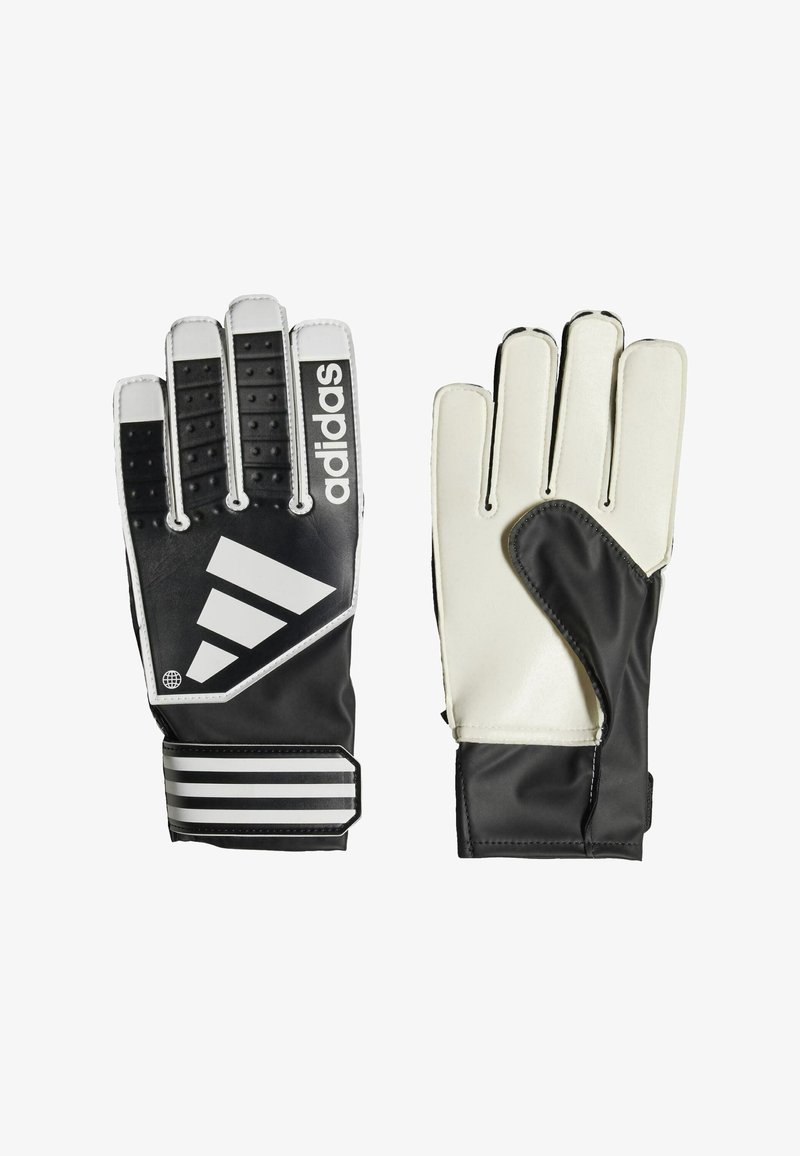 Guanti da portiere in bianco e nero con grip testurizzato, palmi imbottiti e tre strisce bianche sul polsino; presenta un logo Adidas in rilievo.